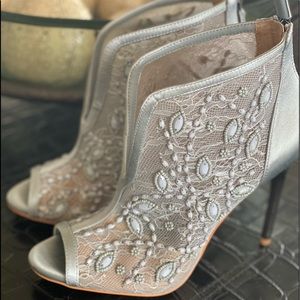 BCBGMaxAzria Smoke grey satin and lace beaded bootie size 8.5